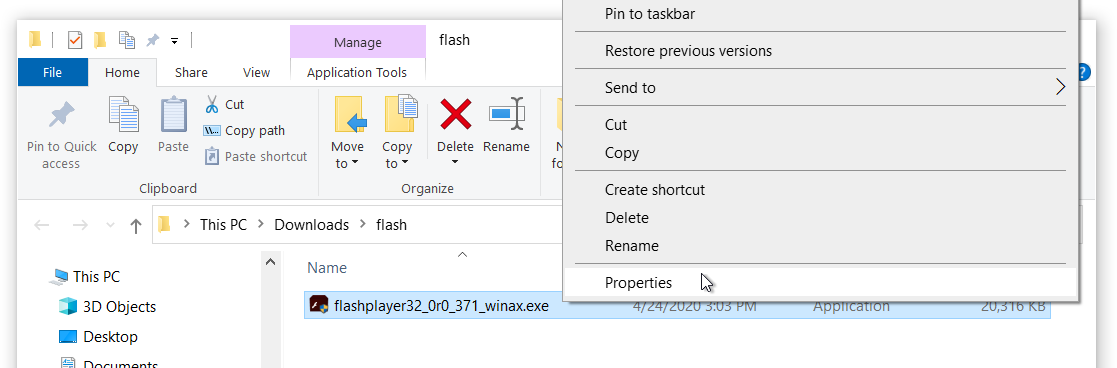 Flash player installer in Windows Explorer